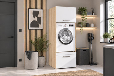Parisot Laundry Room Storage Cabinet For Single Washing Machine Or Dryer With Cupboard & Drawer -White Oak - image 1