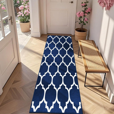 Oxford Homeware Printed Rug, Non-Slip Pet Friendly, Living Room Rugs And Hallways Runner, (Ava Navy, 80X150Cm)