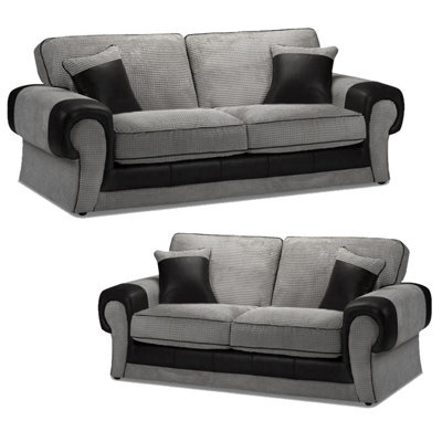 Furnishings For Less UK Portland Fabric Sofa Suite Rolled Arms 3 Seater And 2 Seater Black And Grey - image 1