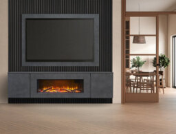 Acantha Orion Xo Electric Floating Media Wall Suite In Slate Effect With Tv Board & Black Oak Wall Panels