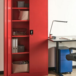 Beliani Red Steel Home Office Storage Cabinet, 2 Doors, 5 Shelves, W90 X D40 X H184Cm - thumbnail 2