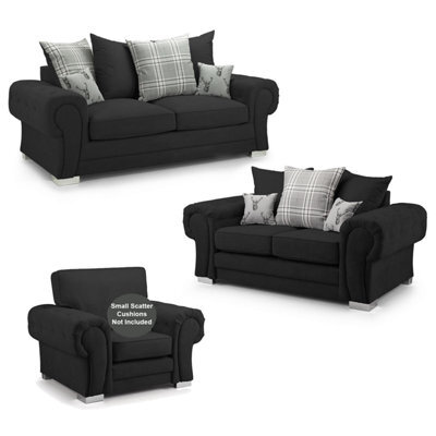 Furnishings For Less UK Milan Fabric 3 Piece Sofa Suite Black Scatter Back Chesterfield Style - image 1