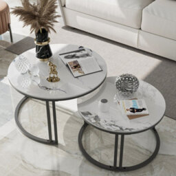 Fativo 2Pcs Nesting Round Coffee Table Sintered Stone End Tables Living Room Furniture - thumbnail 1