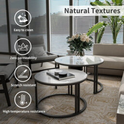 Fativo 2Pcs Nesting Round Coffee Table Sintered Stone End Tables Living Room Furniture - thumbnail 7