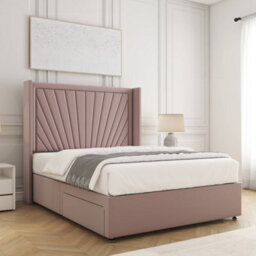 Bsspoke Alina Divan Bed Set Pink Plush Velvet 54Inch Wingedback Panel Headboard & Mattress No Drawers In All Sizes - thumbnail 2
