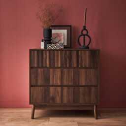 Sweeek - 3-Drawer Chest With Grooved Wooden Detail Linear Dark Wood Colour 80X40X80 Cm