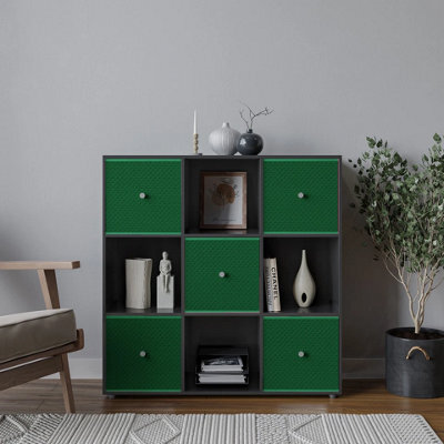 Urbn-Living Urbnliving 9 Cube Black Wooden Bookcase Shelving Unit With 5 Collapsible Fabric Drawers - Green - image 1