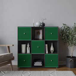 Urbn-Living Urbnliving 9 Cube Black Wooden Bookcase Shelving Unit With 5 Collapsible Fabric Drawers - Green