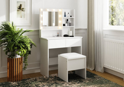 Gfw Eva Led Dressing Table Set White, Hollywood Lights, Mirror, 2 Drawers, Stool, Adjustable Led Lights For Bedroom/dressing Room. - image 1