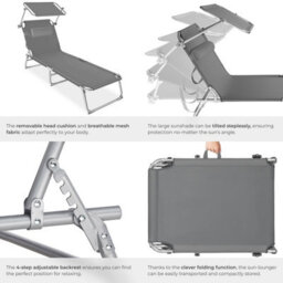 Tectake 1 Sun Lounger Chloé, Foldable With Adjustable Sunroof, 4-Step Backrest And Head Cushion - Grey - thumbnail 5