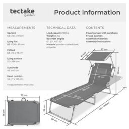 Tectake 1 Sun Lounger Chloé, Foldable With Adjustable Sunroof, 4-Step Backrest And Head Cushion - Grey - thumbnail 6