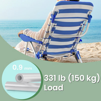 LEDREM Beach Chair, Folding Camping Chair, Portable Outdoor Chair, With Adjustable Backrest, 2 Side Pockets, Blue And White