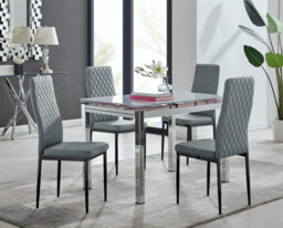 Furniturebox Uk Enna White Glass Extending Dining Table And 4 Grey Milan Black Leg Chairs