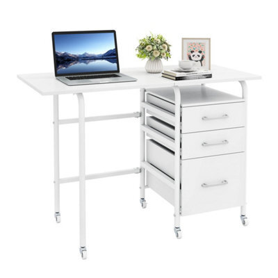 White Folding Desk With 3 Drawers Convertible Laptop Table With Wheels For Living Room - image 1
