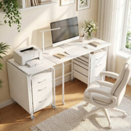 White Folding Desk With 3 Drawers Convertible Laptop Table With Wheels For Living Room - thumbnail 4