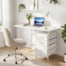 White Folding Desk With 3 Drawers Convertible Laptop Table With Wheels For Living Room - thumbnail 3