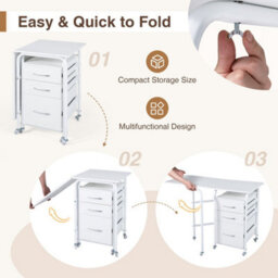 White Folding Desk With 3 Drawers Convertible Laptop Table With Wheels For Living Room - thumbnail 6