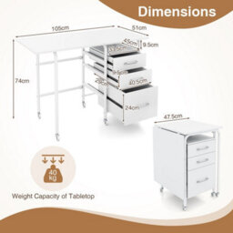 White Folding Desk With 3 Drawers Convertible Laptop Table With Wheels For Living Room - thumbnail 2