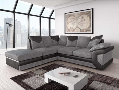 Furnishings For Less UK Dino Large Black And Grey L Shaped Cormer Sofa With Footstool - Left Hand Facing