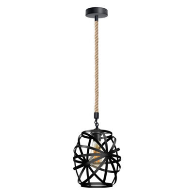 Hemp Rope E27 Single Head Pendant Light With Metal Black Wire Cage Vintage Ceiling Lamp  Height 50Cm, With Bulb - image 1