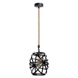 Hemp Rope E27 Single Head Pendant Light With Metal Black Wire Cage Vintage Ceiling Lamp  Height 50Cm, With Bulb