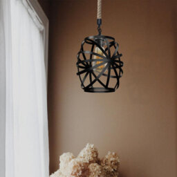 Hemp Rope E27 Single Head Pendant Light With Metal Black Wire Cage Vintage Ceiling Lamp  Height 50Cm, With Bulb - thumbnail 3