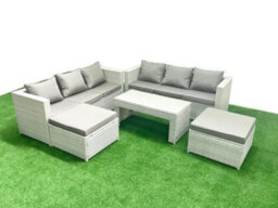 Fimous 8 Seater Garden Outdoor Rattan Furniture Set Rattan Garden Sofa Oblong Coffee Table 2 Big Stools Light Grey - thumbnail 1