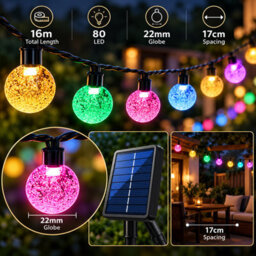 Shopnbits 16M 80 Led Solar String Lights Multicolour, Ip65 Waterproof, 8 Modes, Auto On/off, 22mm Globe Lights - thumbnail 3