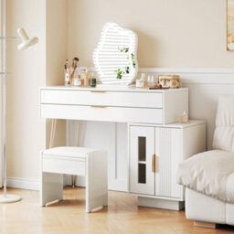 Btm Dressing Table With Led Mirror, Extendable Vanity Desk Set, Modern Bedroom Makeup Table, 100X78X40Cm, White - thumbnail 3