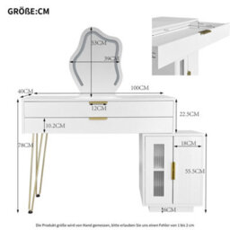 Btm Dressing Table With Led Mirror, Extendable Vanity Desk Set, Modern Bedroom Makeup Table, 100X78X40Cm, White - thumbnail 2