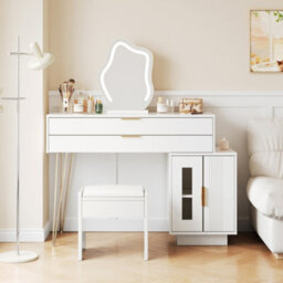 Btm Dressing Table With Led Mirror, Extendable Vanity Desk Set, Modern Bedroom Makeup Table, 100X78X40Cm, White - thumbnail 4