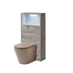 Homestylestore 600mm Light Oak Floorstanding Bathroom Wc Unit Led Lit Shelf Sand Toilet And Chrome Flush Button
