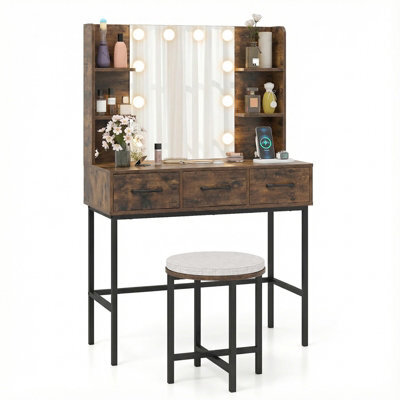 Costway Dressing Table With Mirror & Lights 90 Cm Small Vanity Set With Stool-Rustic Brown - image 1