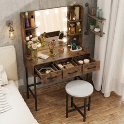 Costway Dressing Table With Mirror & Lights 90 Cm Small Vanity Set With Stool-Rustic Brown - thumbnail 4