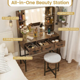 Costway Dressing Table With Mirror & Lights 90 Cm Small Vanity Set With Stool-Rustic Brown - thumbnail 6