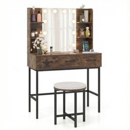 Costway Dressing Table With Mirror & Lights 90 Cm Small Vanity Set With Stool-Rustic Brown - thumbnail 1