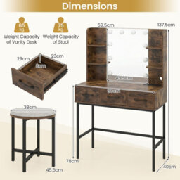 Costway Dressing Table With Mirror & Lights 90 Cm Small Vanity Set With Stool-Rustic Brown - thumbnail 2