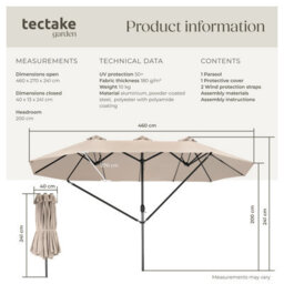 Tectake Parasol Silia - Extra Wide, 460 X 270 Cm, Height-Adjustable, Cover Included - Beige - thumbnail 6