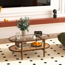 Costway 2-Tier Coffee Table Rattan Center Cocktail Tea Table Tempered Glass Tabletop - thumbnail 5