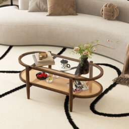 Costway 2-Tier Coffee Table Rattan Center Cocktail Tea Table Tempered Glass Tabletop - thumbnail 4