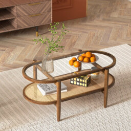 Costway 2-Tier Coffee Table Rattan Center Cocktail Tea Table Tempered Glass Tabletop
