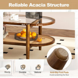 Costway 2-Tier Coffee Table Rattan Center Cocktail Tea Table Tempered Glass Tabletop - thumbnail 7
