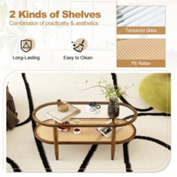 Costway 2-Tier Coffee Table Rattan Center Cocktail Tea Table Tempered Glass Tabletop - thumbnail 6