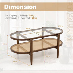 Costway 2-Tier Coffee Table Rattan Center Cocktail Tea Table Tempered Glass Tabletop - thumbnail 3