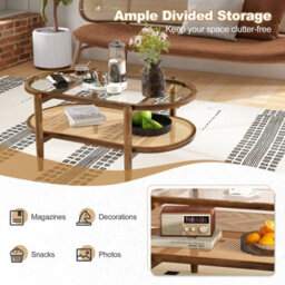 Costway 2-Tier Coffee Table Rattan Center Cocktail Tea Table Tempered Glass Tabletop - thumbnail 8