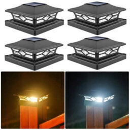 Led Solar Powered Deck Post Lights Garden Cap Square Landscape Fence Lamps Black 4Pcs