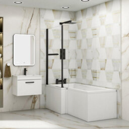 Royal Bathrooms Qubix 1600 X 850mm Left Hand L-Shaped Shower Bathtub With Mdf Gloss White Front Panel & Matt Black Towel Rail Screen - thumbnail 3