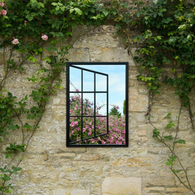 Mirroroutlet The Aperta Black Metal Open Window Garden Wall Mirror 80Cm X 58Cm - image 1