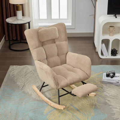 Fabric Rocking Chair With Adjustable Footrest, Headrest And Wooden Legs, Brown - image 1