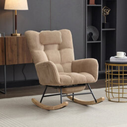 Fabric Rocking Chair With Adjustable Footrest, Headrest And Wooden Legs, Brown - thumbnail 6